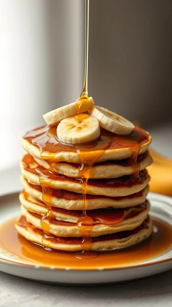 Stack of fluffy banana pancakes topped with syrup and banana slices.