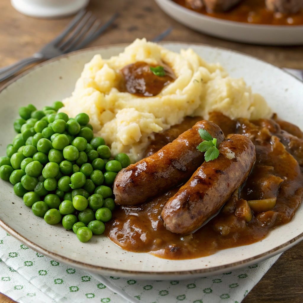10 Delicious Irish Recipes to Celebrate St. Patrick's Day 10 A plate of bangers and mash topped with onion gravy, served with green peas.