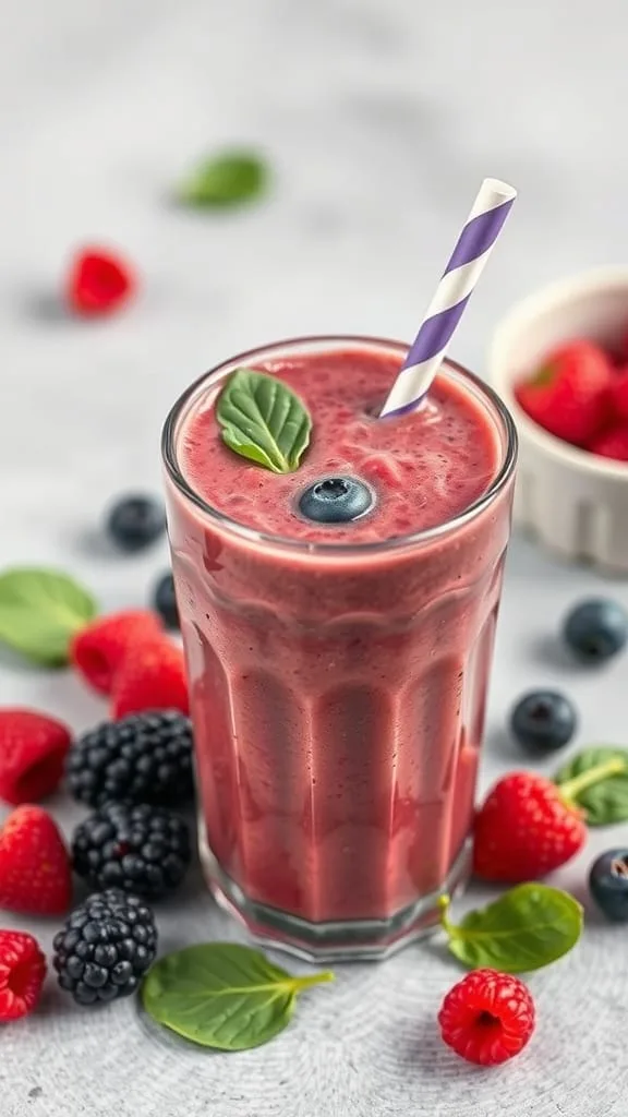 A refreshing berry smoothie with spinach, garnished with berries and a straw.