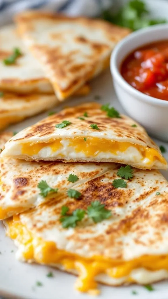 A delicious breakfast quesadilla served with salsa