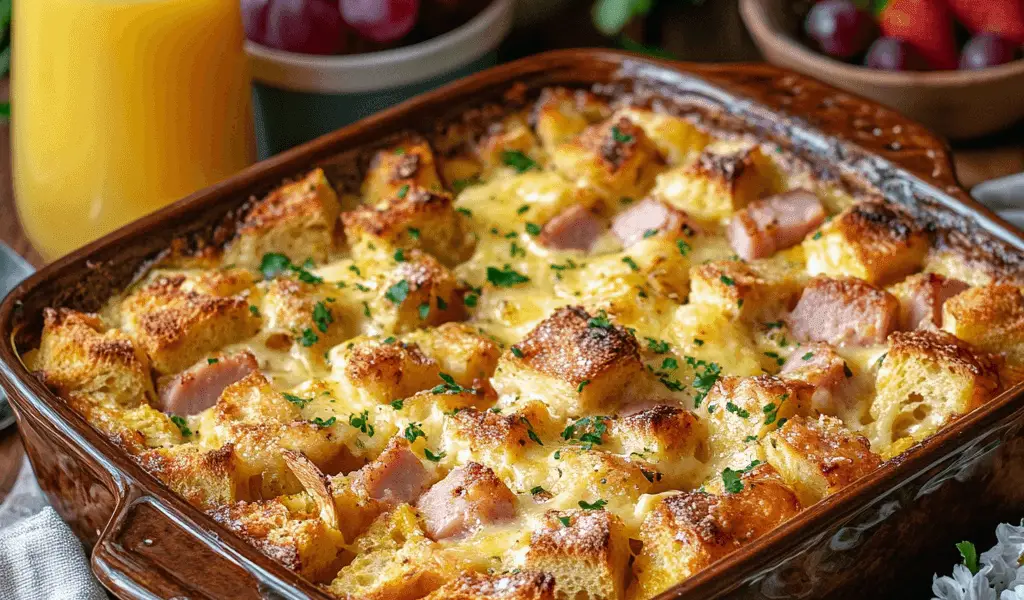 Ham & Cheese Breakfast Strata: The Ultimate Make-Ahead Brunch Delight 1 A beautifully baked Ham & Cheese Breakfast Strata served in a rustic 9x13-inch ceramic casserole dish. The strata has a golden, bubbly crust with melted cheese visibly oozing on top, garnished with a light sprinkle of chopped parsley. The bread cubes are evenly browned, creating a mix of soft custardy layers and crispy edges. The dish is surrounded by a cozy breakfast spread: a pitcher of orange juice, fresh fruit like strawberries and grapes in a bowl, and a small vase with flowers. The scene is lit with warm natural light, suggesting a relaxed morning setting, with a linen napkin and a serving spatula placed nearby.