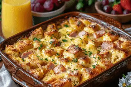 Ham & Cheese Breakfast Strata: The Ultimate Make-Ahead Brunch Delight 22 A beautifully baked Ham & Cheese Breakfast Strata served in a rustic 9x13-inch ceramic casserole dish. The strata has a golden, bubbly crust with melted cheese visibly oozing on top, garnished with a light sprinkle of chopped parsley. The bread cubes are evenly browned, creating a mix of soft custardy layers and crispy edges. The dish is surrounded by a cozy breakfast spread: a pitcher of orange juice, fresh fruit like strawberries and grapes in a bowl, and a small vase with flowers. The scene is lit with warm natural light, suggesting a relaxed morning setting, with a linen napkin and a serving spatula placed nearby.