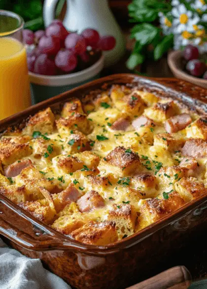 A beautifully baked Ham & Cheese Breakfast Strata served in a rustic 9x13-inch ceramic casserole dish. The strata has a golden, bubbly crust with melted cheese visibly oozing on top, garnished with a light sprinkle of chopped parsley. The bread cubes are evenly browned, creating a mix of soft custardy layers and crispy edges. The dish is surrounded by a cozy breakfast spread: a pitcher of orange juice, fresh fruit like strawberries and grapes in a bowl, and a small vase with flowers. The scene is lit with warm natural light, suggesting a relaxed morning setting, with a linen napkin and a serving spatula placed nearby.