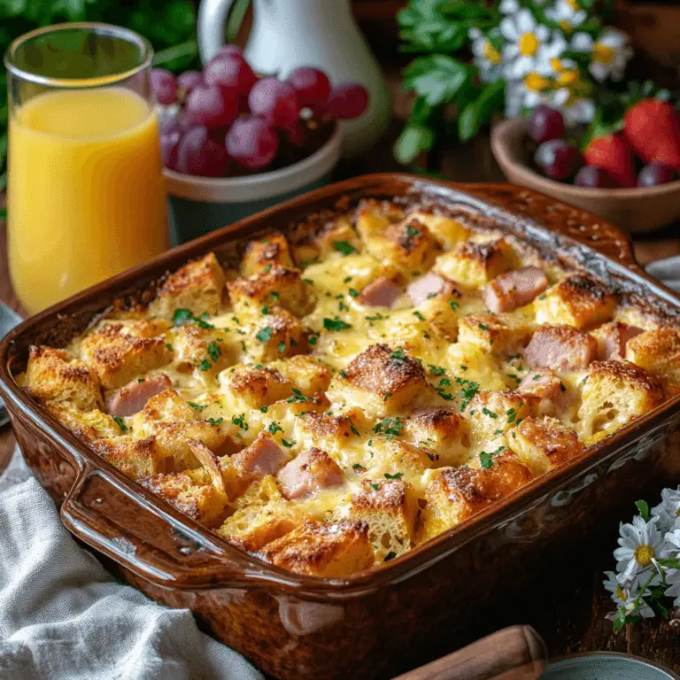 A beautifully baked Ham & Cheese Breakfast Strata served in a rustic 9x13-inch ceramic casserole dish. The strata has a golden, bubbly crust with melted cheese visibly oozing on top, garnished with a light sprinkle of chopped parsley. The bread cubes are evenly browned, creating a mix of soft custardy layers and crispy edges. The dish is surrounded by a cozy breakfast spread: a pitcher of orange juice, fresh fruit like strawberries and grapes in a bowl, and a small vase with flowers. The scene is lit with warm natural light, suggesting a relaxed morning setting, with a linen napkin and a serving spatula placed nearby.