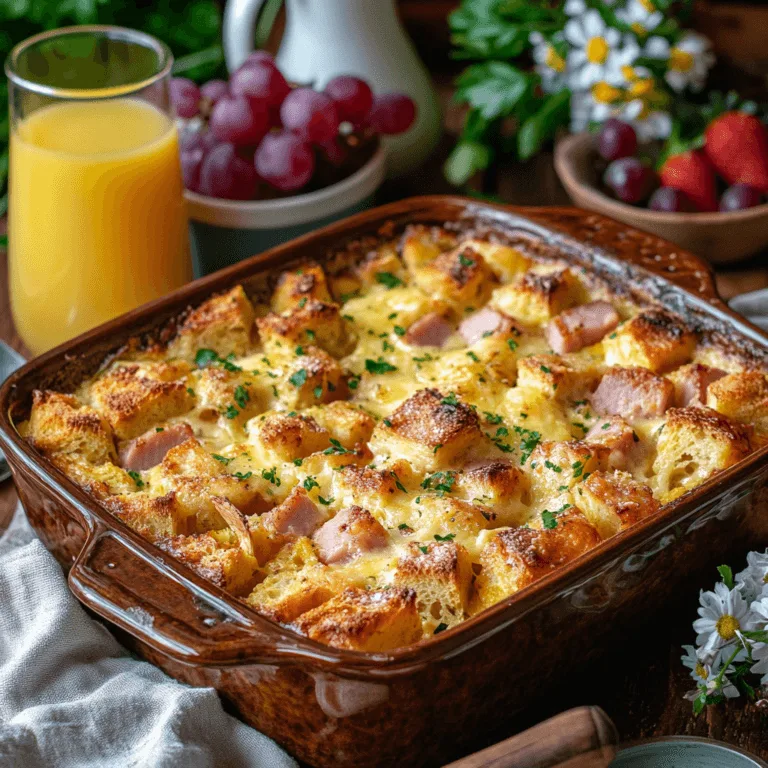 A beautifully baked Ham & Cheese Breakfast Strata served in a rustic 9x13-inch ceramic casserole dish. The strata has a golden, bubbly crust with melted cheese visibly oozing on top, garnished with a light sprinkle of chopped parsley. The bread cubes are evenly browned, creating a mix of soft custardy layers and crispy edges. The dish is surrounded by a cozy breakfast spread: a pitcher of orange juice, fresh fruit like strawberries and grapes in a bowl, and a small vase with flowers. The scene is lit with warm natural light, suggesting a relaxed morning setting, with a linen napkin and a serving spatula placed nearby.