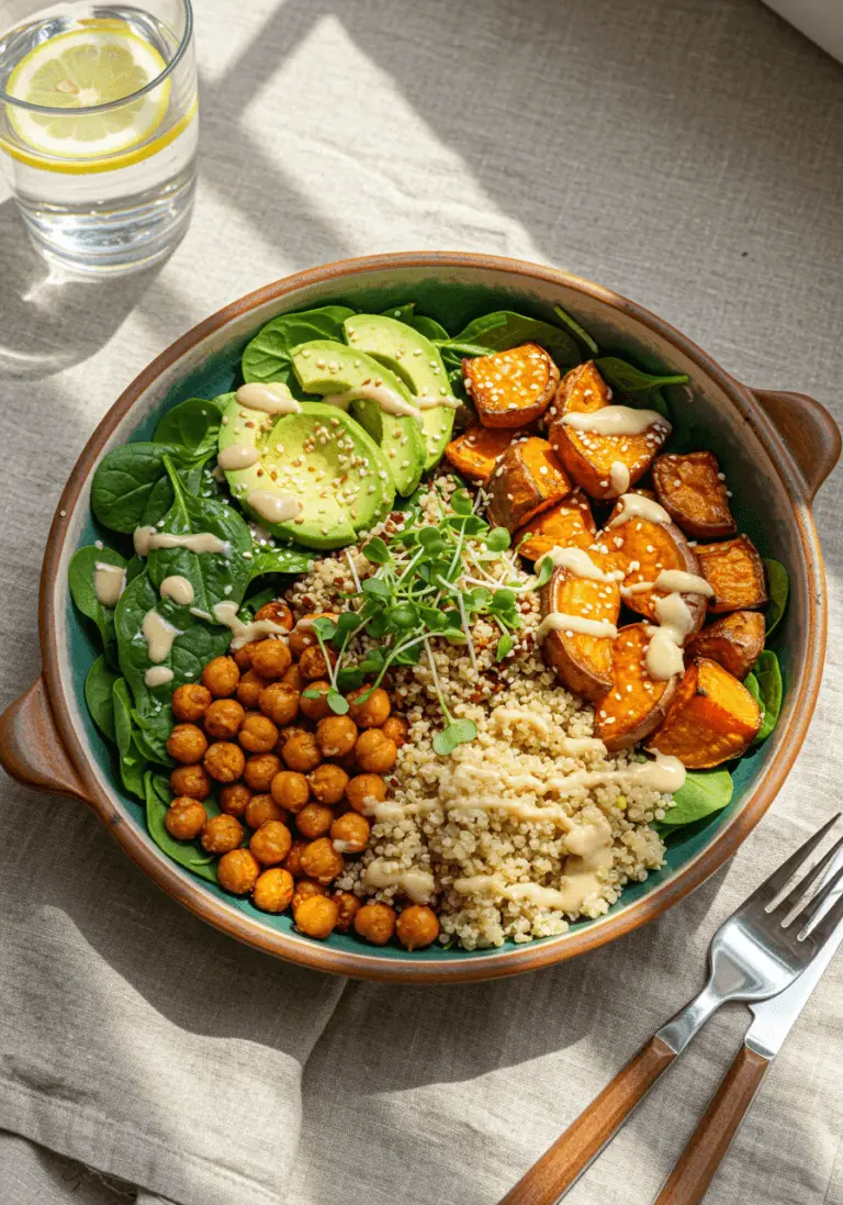 A colorful, vibrant Buddha bowl in a rustic ceramic dish, featuring fluffy quinoa, golden crispy chickpeas, roasted sweet potatoes, bright green avocado slices, and fresh baby spinach. The dish is topped with sesame seeds, microgreens, and a creamy lemon-tahini drizzle. The scene is set on a natural wooden table with a linen napkin, warm sunlight filtering through the window, and a glass of fresh lemon water in the background.