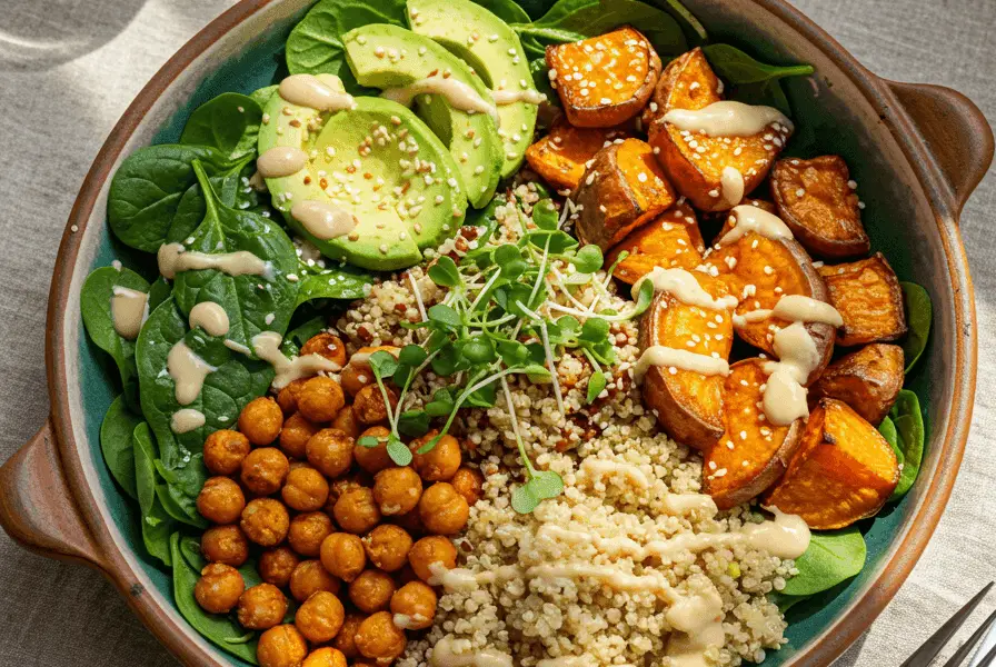 The Ultimate Buddha Bowl: A Nutrient-Packed, Flavorful Feast 1 A colorful, vibrant Buddha bowl in a rustic ceramic dish, featuring fluffy quinoa, golden crispy chickpeas, roasted sweet potatoes, bright green avocado slices, and fresh baby spinach. The dish is topped with sesame seeds, microgreens, and a creamy lemon-tahini drizzle. The scene is set on a natural wooden table with a linen napkin, warm sunlight filtering through the window, and a glass of fresh lemon water in the background.