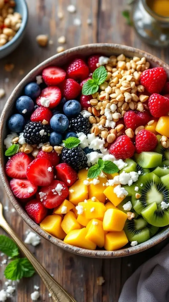 A colorful bowl filled with seasonal fruits and nuts.