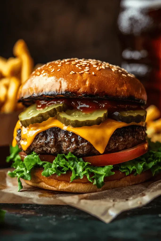 classic juicy beef burgers with cheese tomato pickle and lettuce on paper