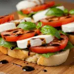 A fresh Caprese sandwich with mozzarella, tomatoes, and basil on a wooden board with balsamic glaze.