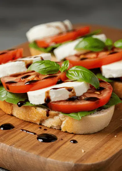 Fresh and Flavorful Caprese Sandwich Recipe 19 A fresh Caprese sandwich with mozzarella, tomatoes, and basil on a wooden board with balsamic glaze.