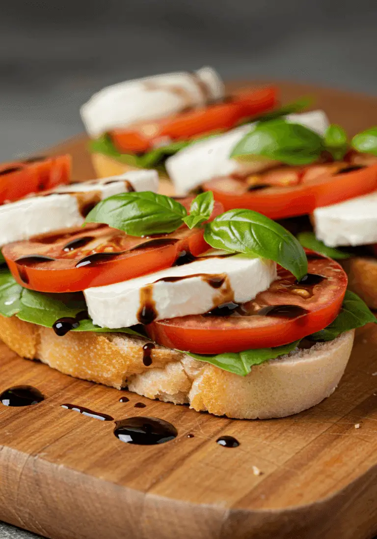 A fresh Caprese sandwich with mozzarella, tomatoes, and basil on a wooden board with balsamic glaze.