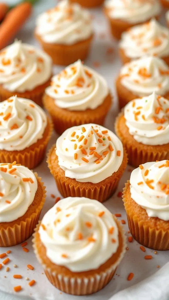 Delicious carrot cake cupcakes topped with cream cheese frosting and orange sprinkles