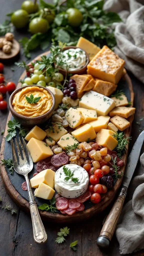 12 Fun Food Ideas for a Medieval Themed Party 8 A spread of cheeses with herbs and fruits on a rustic wooden platter.