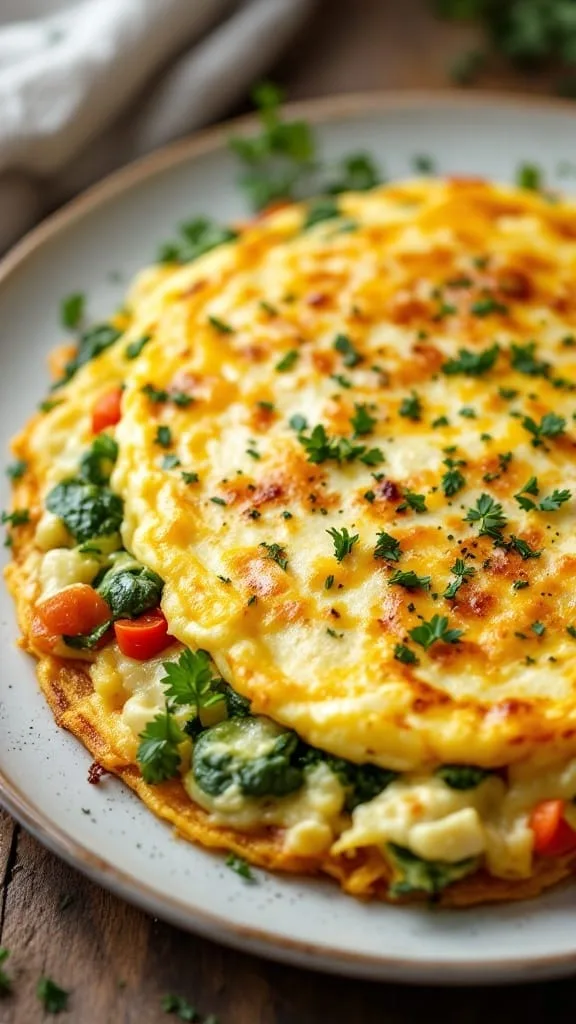 A delicious cheese and veggie omelette served with colorful vegetables on the side.