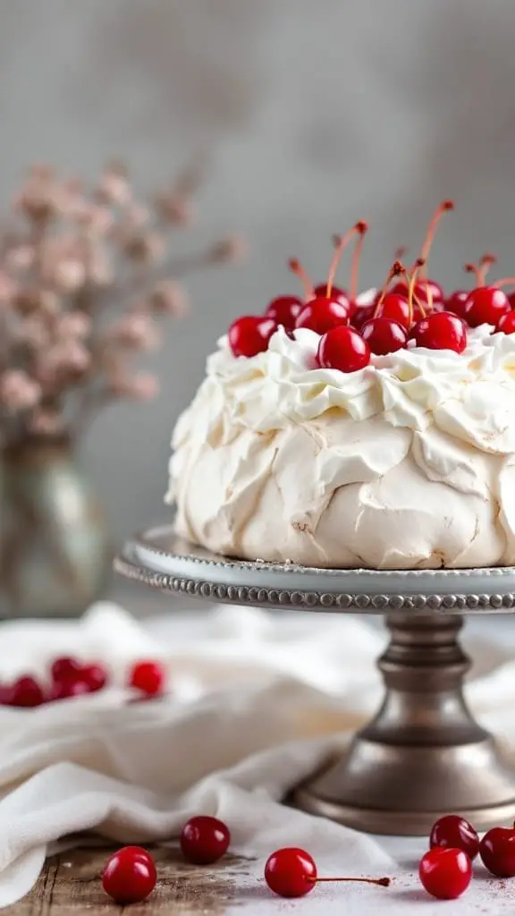 10 Delicious Cherry-Based Dessert Ideas You Have to Try 8 A beautiful Cherry Pavlova topped with whipped cream and fresh cherries