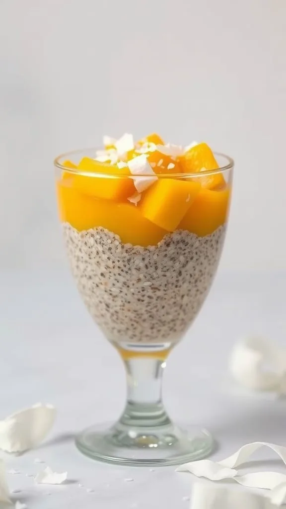 Chia seed pudding topped with diced mango and coconut flakes.