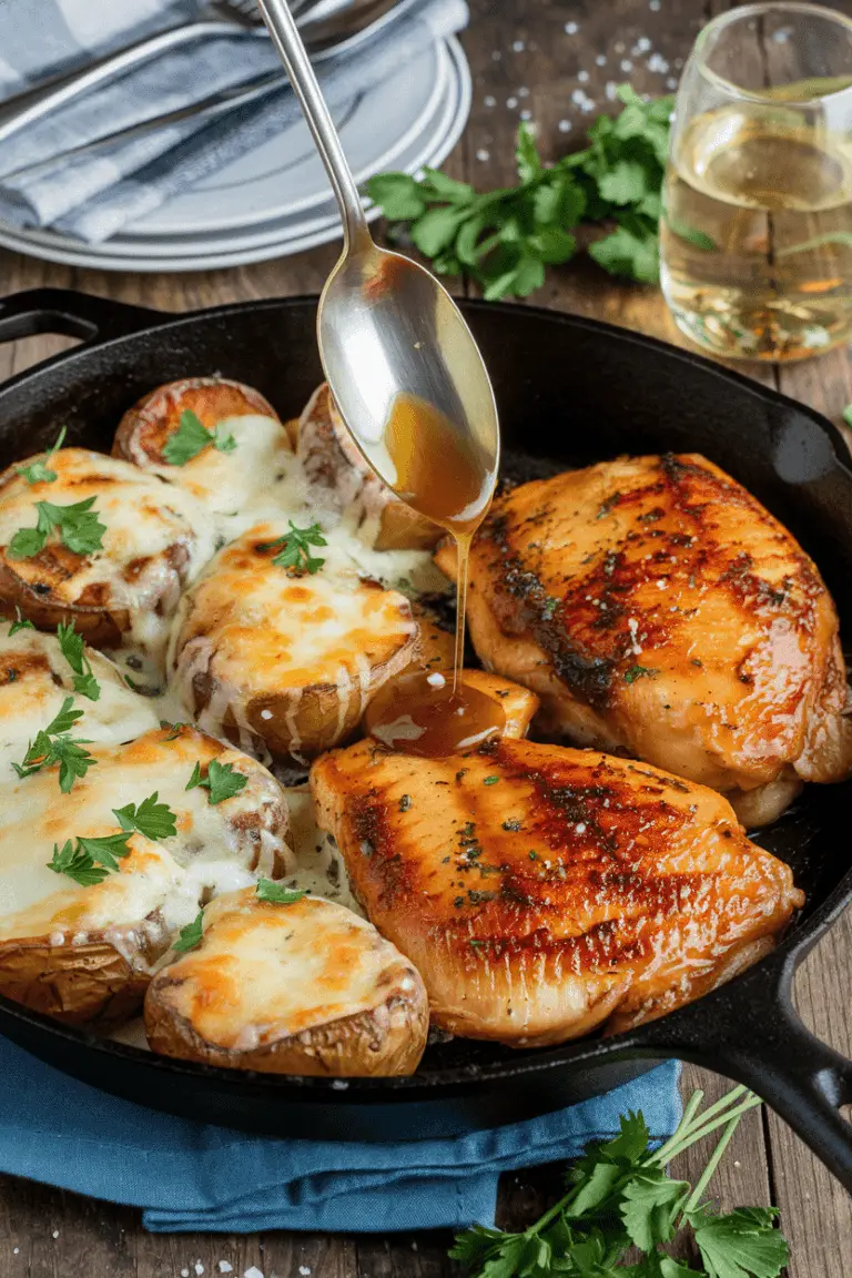 Honey Garlic Butter Chicken & Cheesy Roasted Potatoes (One-Pan Wonder!)