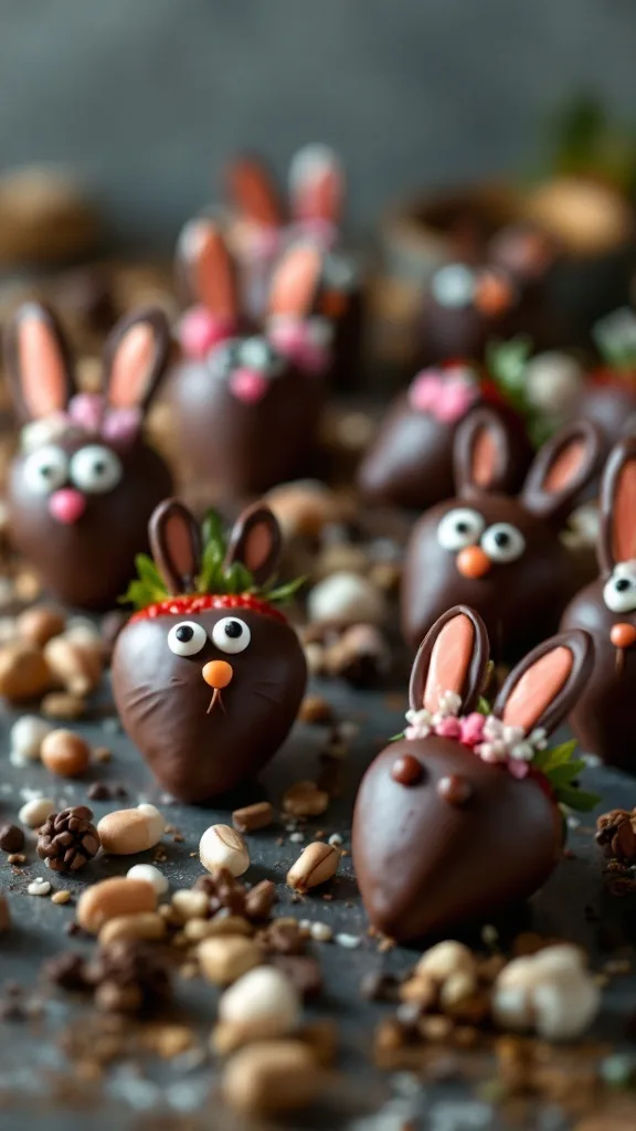 Chocolate-covered strawberries shaped like bunnies, decorated with candy eyes and pink details.
