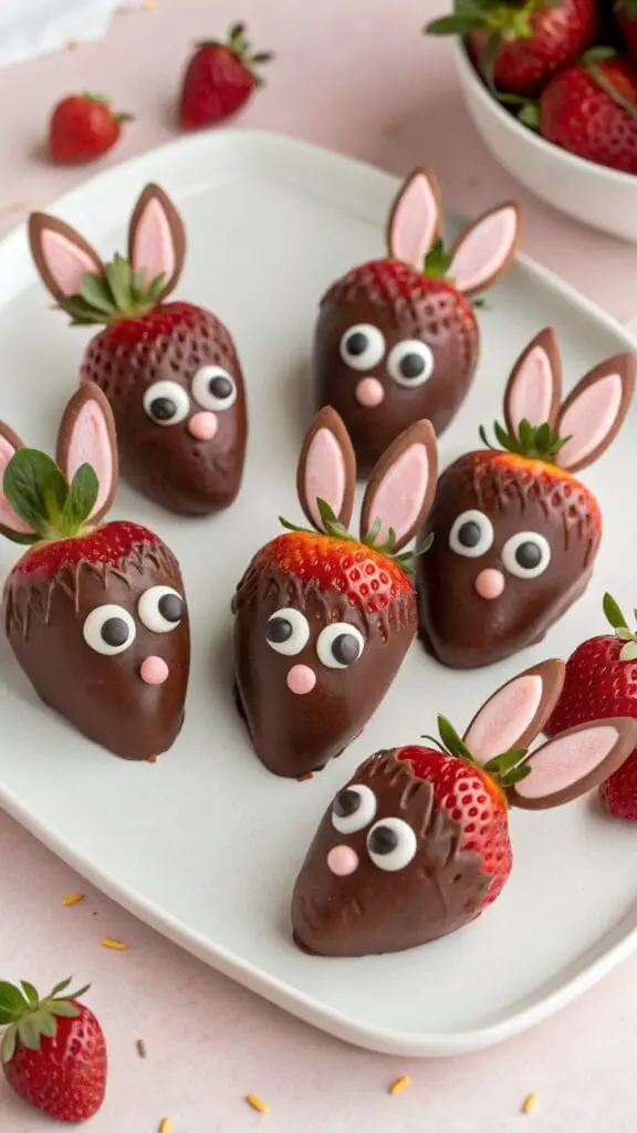 Chocolate-covered strawberries shaped like bunnies, decorated with candy eyes and pink details.