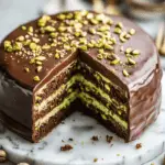 A luxurious dessert featuring layers of moist chocolate cake, creamy pistachio filling, and a smooth milk chocolate glaze, garnished with chopped pistachios and edible gold dust