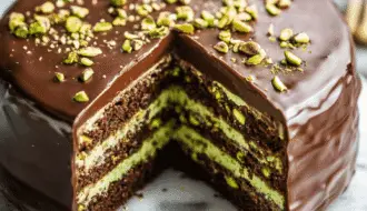 A luxurious dessert featuring layers of moist chocolate cake, creamy pistachio filling, and a smooth milk chocolate glaze, garnished with chopped pistachios and edible gold dust