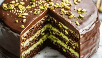 A luxurious dessert featuring layers of moist chocolate cake, creamy pistachio filling, and a smooth milk chocolate glaze, garnished with chopped pistachios and edible gold dust