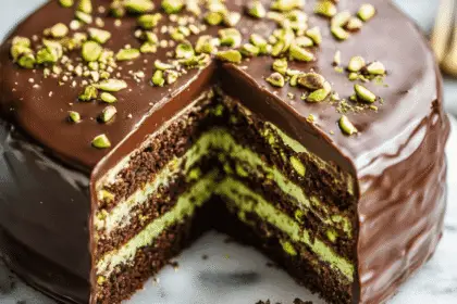 Dubai Chocolate Pistachio Bar Cake – A Luxurious & Indulgent Dessert 27 A luxurious dessert featuring layers of moist chocolate cake, creamy pistachio filling, and a smooth milk chocolate glaze, garnished with chopped pistachios and edible gold dust