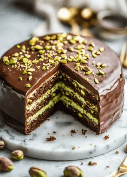 A luxurious dessert featuring layers of moist chocolate cake, creamy pistachio filling, and a smooth milk chocolate glaze, garnished with chopped pistachios and edible gold dust