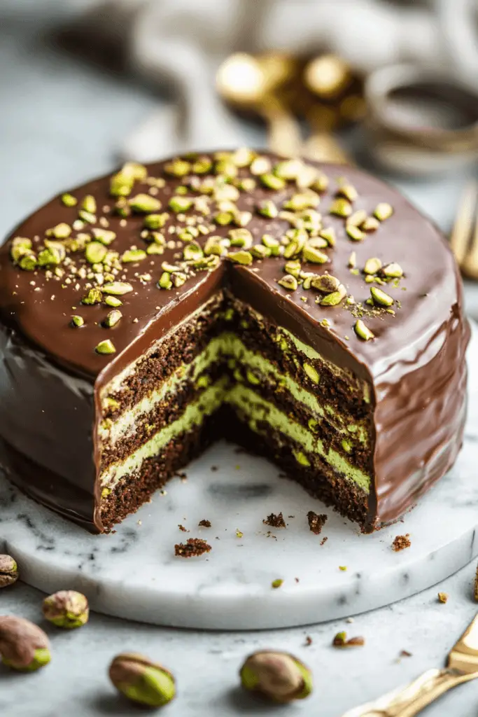 A luxurious dessert featuring layers of moist chocolate cake, creamy pistachio filling, and a smooth milk chocolate glaze, garnished with chopped pistachios and edible gold dust