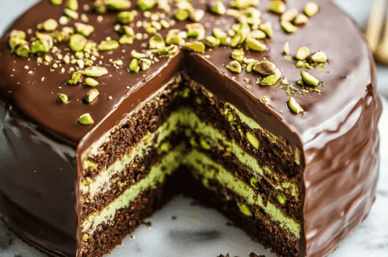 A luxurious dessert featuring layers of moist chocolate cake, creamy pistachio filling, and a smooth milk chocolate glaze, garnished with chopped pistachios and edible gold dust