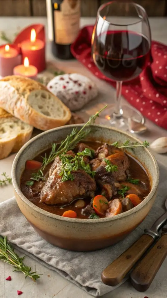 Perfect Valentines Day Dinner Ideas 11 A bowl of Coq au Vin with rustic bread on the side.