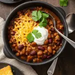 A close-up shot of a hearty, thick chili in a cast-iron pot, showcasing the rich red color, chunky beans, and ground beef. Garnished with finely chopped green onions, shredded cheese, and a sprinkle of smoked paprika. Steam is rising, with a spoon partially submerged in the chili.