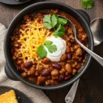 Hearty One-Pot Chili: A Comforting Classic for Any Occasion 16 A close-up shot of a hearty, thick chili in a cast-iron pot, showcasing the rich red color, chunky beans, and ground beef. Garnished with finely chopped green onions, shredded cheese, and a sprinkle of smoked paprika. Steam is rising, with a spoon partially submerged in the chili.