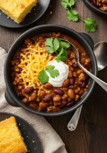 A close-up shot of a hearty, thick chili in a cast-iron pot, showcasing the rich red color, chunky beans, and ground beef. Garnished with finely chopped green onions, shredded cheese, and a sprinkle of smoked paprika. Steam is rising, with a spoon partially submerged in the chili.