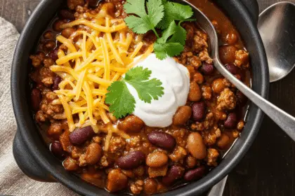 Hearty One-Pot Chili: A Comforting Classic for Any Occasion 1 A close-up shot of a hearty, thick chili in a cast-iron pot, showcasing the rich red color, chunky beans, and ground beef. Garnished with finely chopped green onions, shredded cheese, and a sprinkle of smoked paprika. Steam is rising, with a spoon partially submerged in the chili.