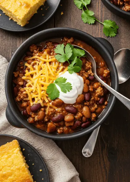 Hearty One-Pot Chili: A Comforting Classic for Any Occasion 21 A close-up shot of a hearty, thick chili in a cast-iron pot, showcasing the rich red color, chunky beans, and ground beef. Garnished with finely chopped green onions, shredded cheese, and a sprinkle of smoked paprika. Steam is rising, with a spoon partially submerged in the chili.