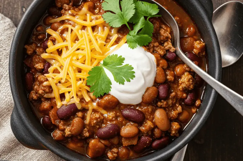 Hearty One-Pot Chili: A Comforting Classic for Any Occasion 2 A close-up shot of a hearty, thick chili in a cast-iron pot, showcasing the rich red color, chunky beans, and ground beef. Garnished with finely chopped green onions, shredded cheese, and a sprinkle of smoked paprika. Steam is rising, with a spoon partially submerged in the chili.