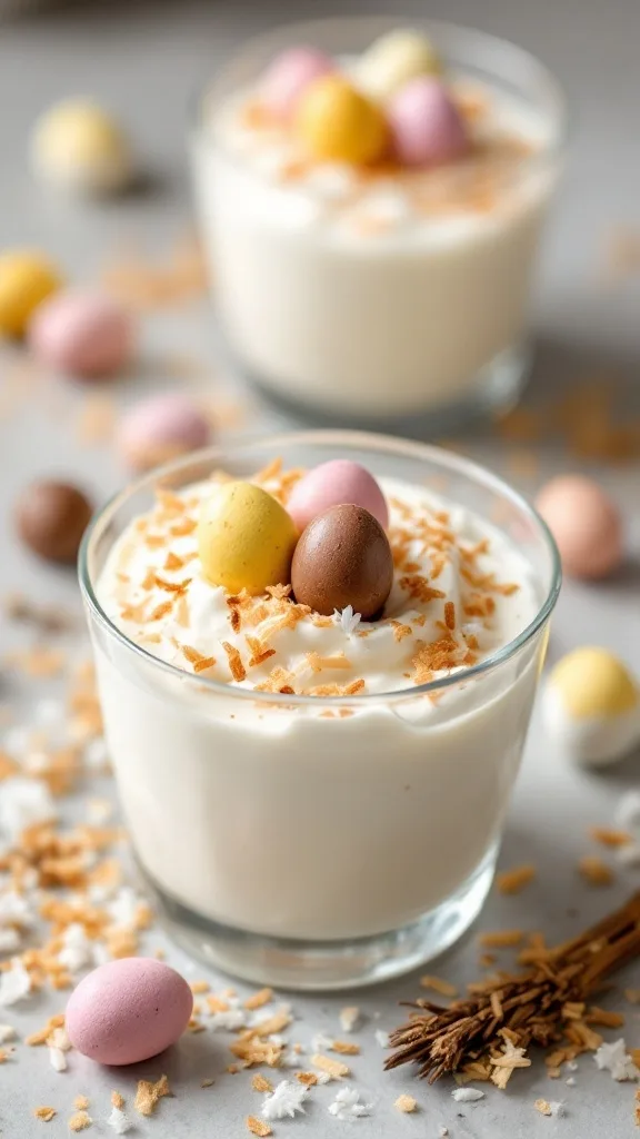 Coconut Cream Easter Dessert Cups topped with chocolate eggs