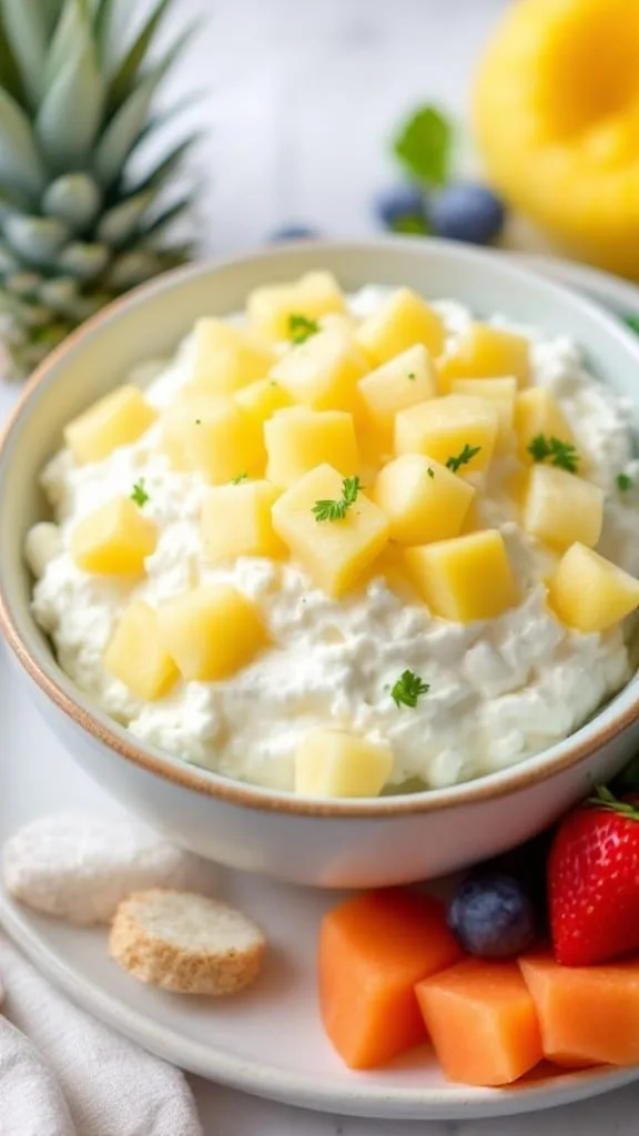 A bowl of cottage cheese topped with diced pineapple, served with fresh fruit.