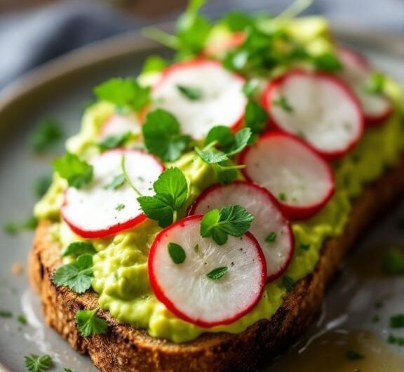 10 Super Tasty Vegan Breakfast Ideas 13 creamy avocado toast with radishes 1