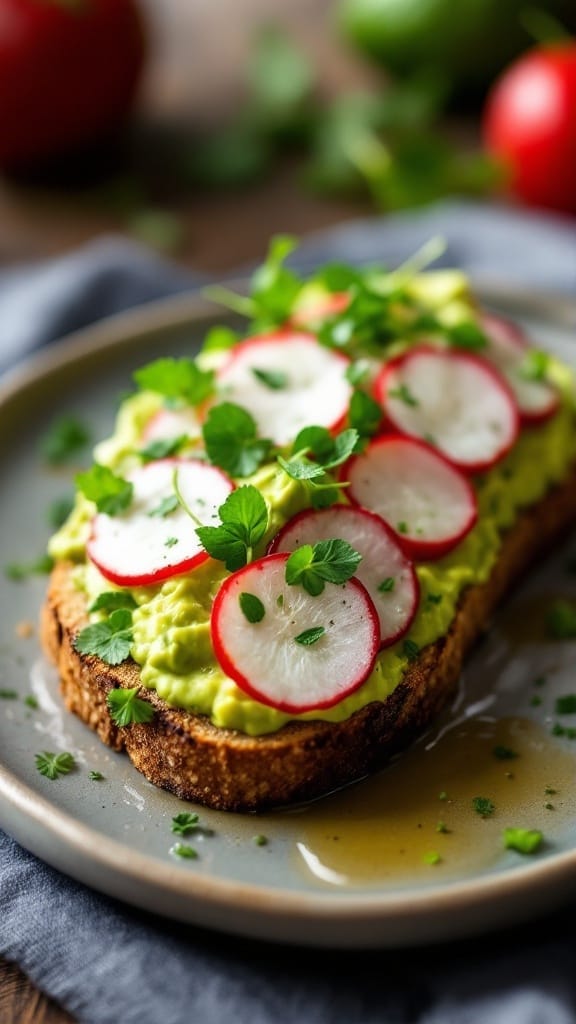 10 Super Tasty Vegan Breakfast Ideas 8 A plate of creamy avocado toast topped with sliced radishes and fresh herbs.