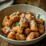 A bowl of crispy air fried gnocchi, beautifully presented with a sprinkle of grated Parmesan cheese and fresh parsley on top. The gnocchi are golden brown and perfectly arranged, with a few scattered around the bowl, showcasing their crunchy texture. The background features a rustic wooden table, enhancing the inviting feel of this delicious snack.