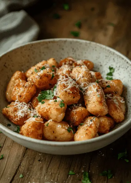 A bowl of crispy air fried gnocchi, beautifully presented with a sprinkle of grated Parmesan cheese and fresh parsley on top. The gnocchi are golden brown and perfectly arranged, with a few scattered around the bowl, showcasing their crunchy texture. The background features a rustic wooden table, enhancing the inviting feel of this delicious snack.