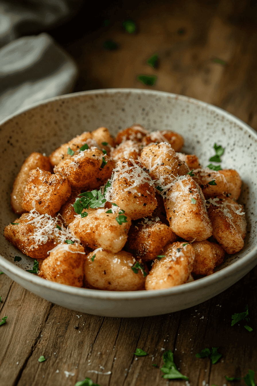 A bowl of crispy air fried gnocchi, beautifully presented with a sprinkle of grated Parmesan cheese and fresh parsley on top. The gnocchi are golden brown and perfectly arranged, with a few scattered around the bowl, showcasing their crunchy texture. The background features a rustic wooden table, enhancing the inviting feel of this delicious snack.