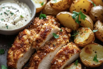 Garlic Butter Parmesan Crispy Chicken with Honey Roasted Potatoes & Creamy Ranch Sauce 22 crispy parmesan chicken dinner15