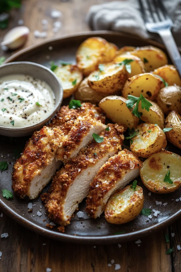 Garlic Butter Parmesan Crispy Chicken with Honey Roasted Potatoes & Creamy Ranch Sauce