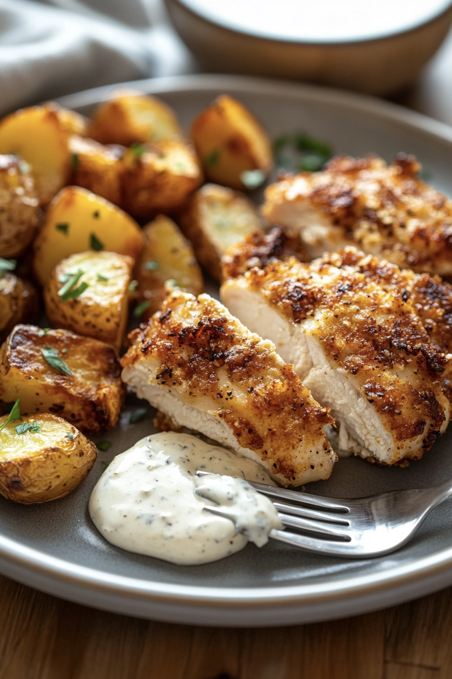 Garlic Butter Parmesan Crispy Chicken with Honey Roasted Potatoes & Creamy Ranch Sauce 5 crispy parmesan chicken dinner7