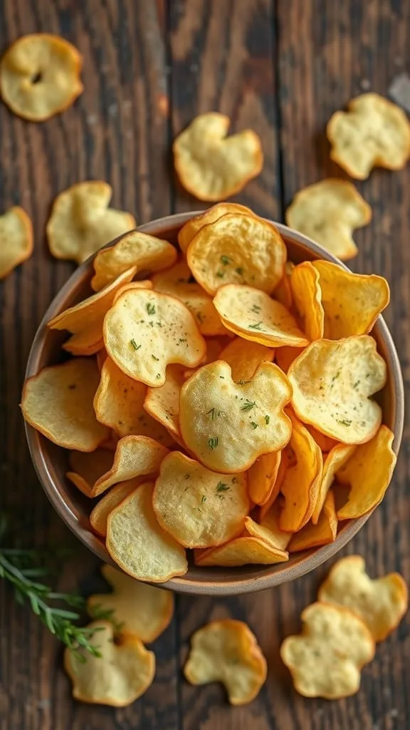 A bowl of crispy potato chips garnished with herbs, on a wooden table.