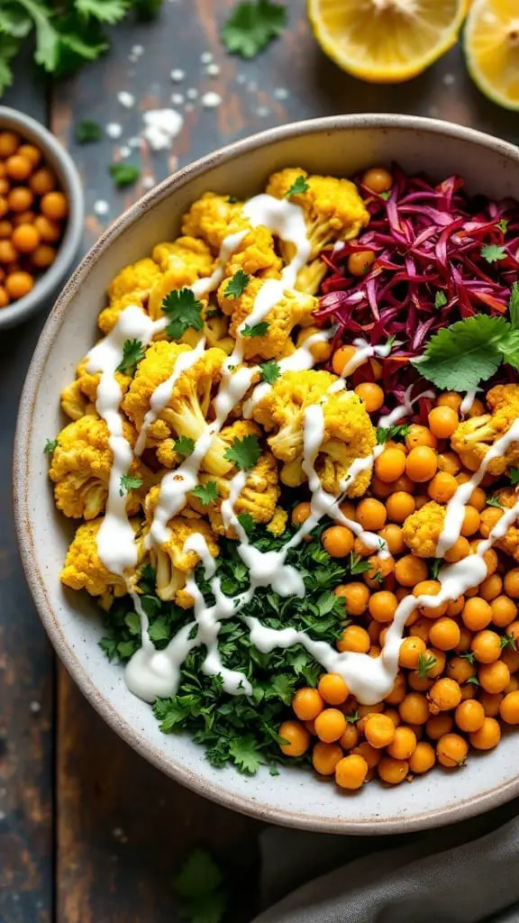 A colorful curry cauliflower Buddha bowl with chickpeas and yogurt